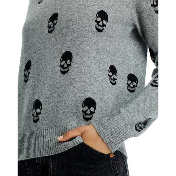 AQUA Cashmere Skull Print Crewneck Cashmere Sweater Gray Size M - Picture 3 of 8